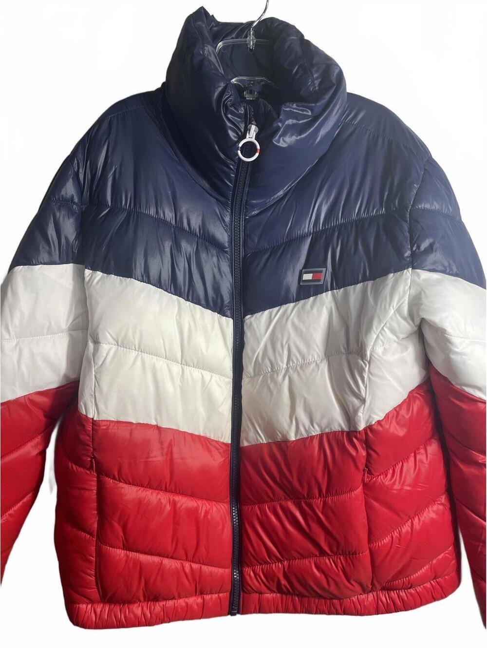 Tommy Hilfiger Puffer Coat Women's Size Large Sporty Red White Blue Colorblock